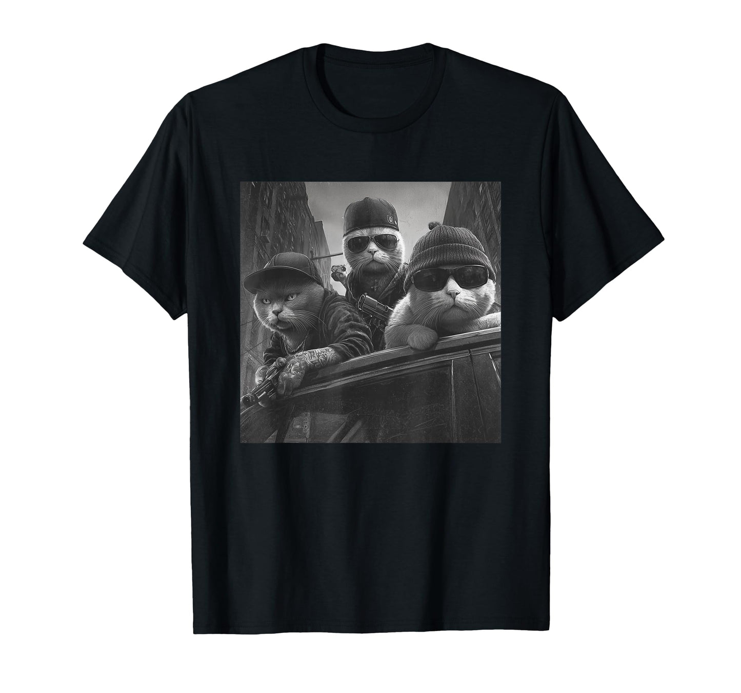 Funny Cat Gangsters Black & White Urban Streets New York T-Shirt