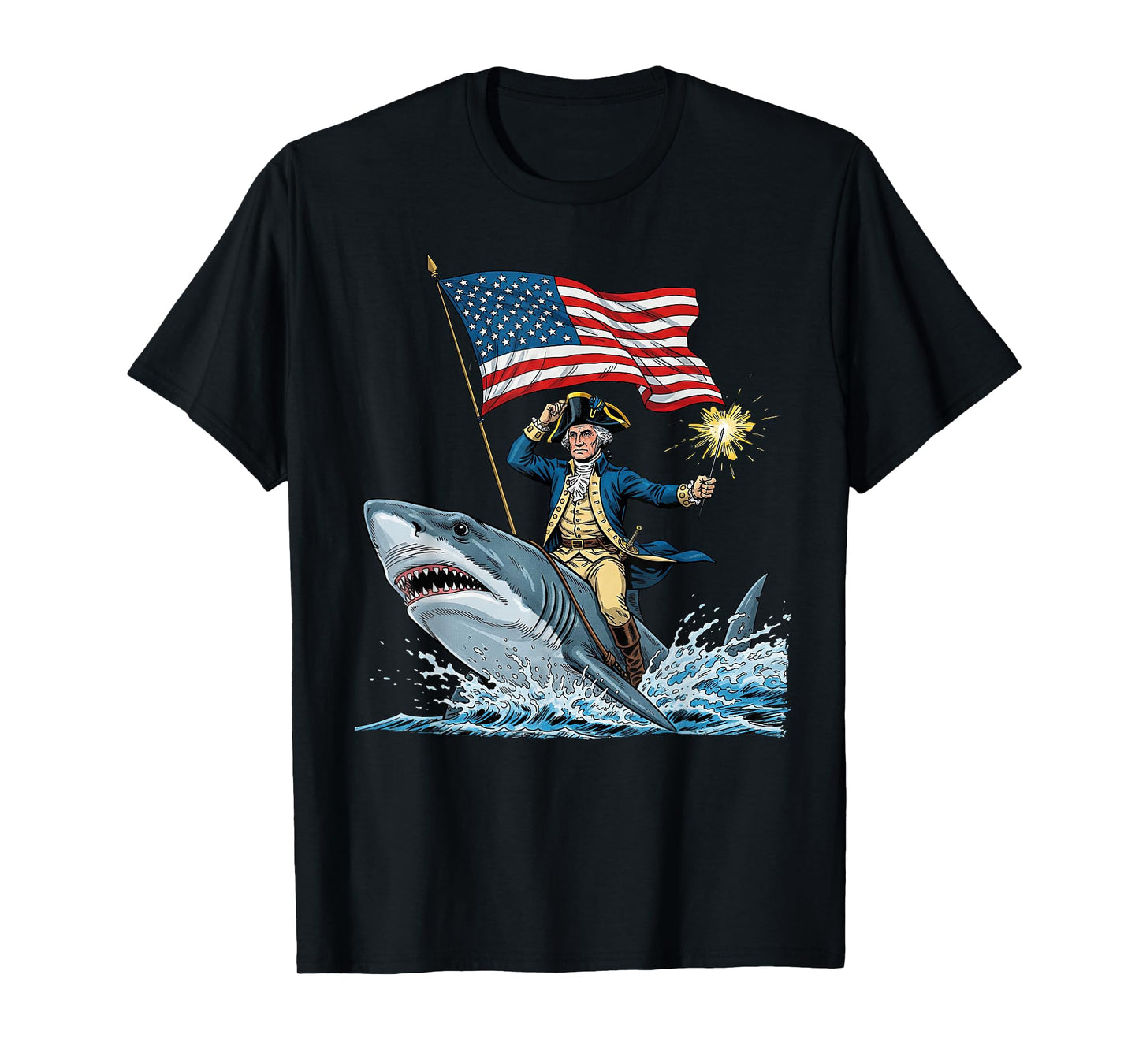 George Washington Riding Shark Funny July 4th American Flag T-Shirt