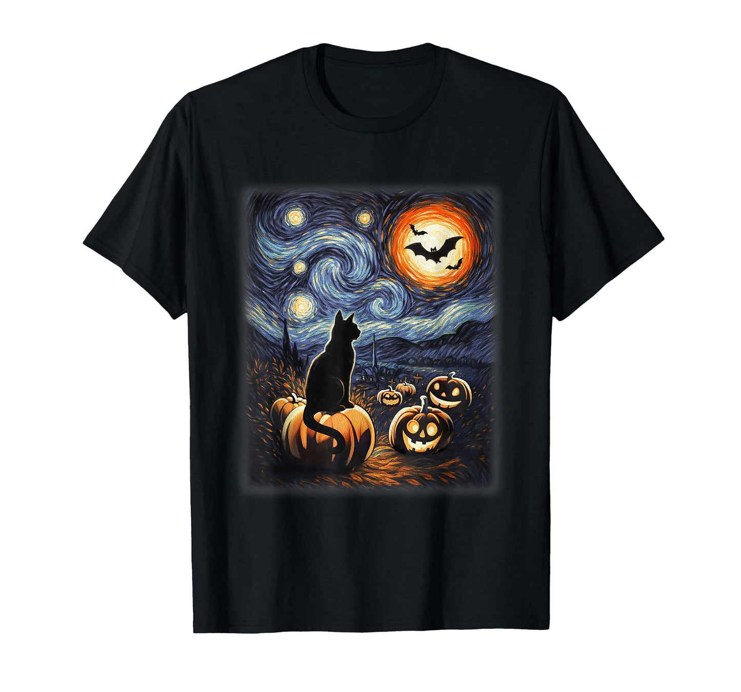Halloween Black Cat Van Gogh Starry Night Lovers Cats T-Shirt