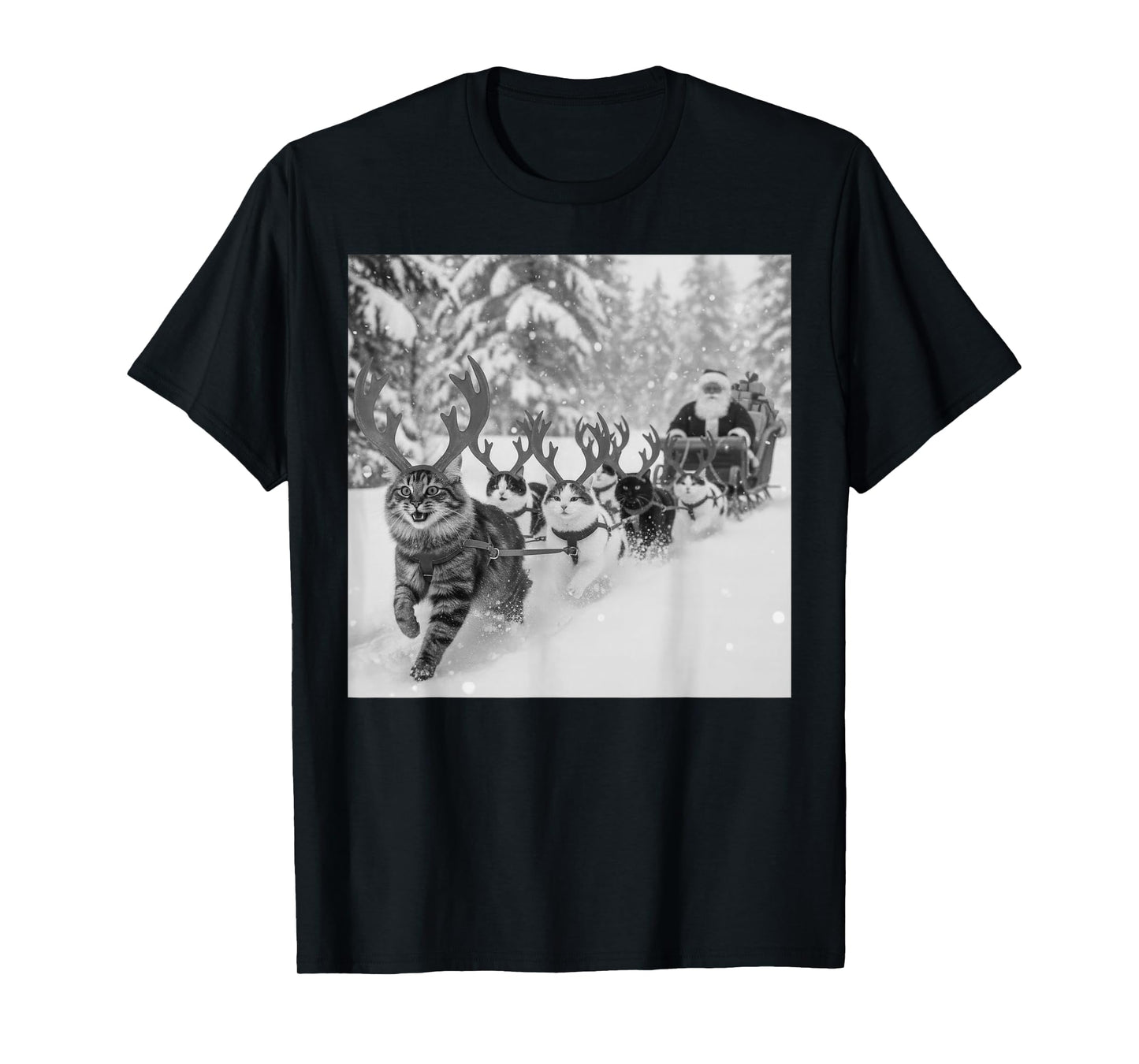 Funny Christmas Santa Sleigh Cats Reindeer Selfie Xmas Meme T-Shirt