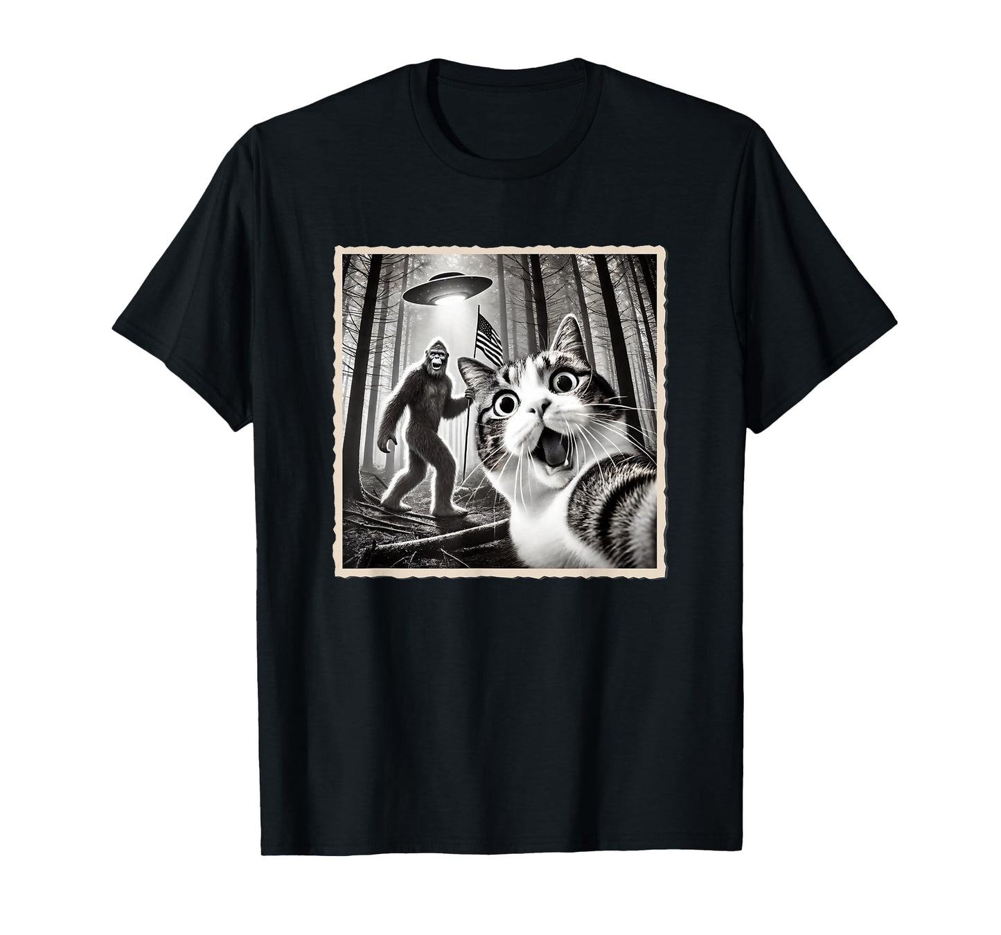 4th of July Bigfoot & Cat, Funny Patriotic, American Flag T-Shirt