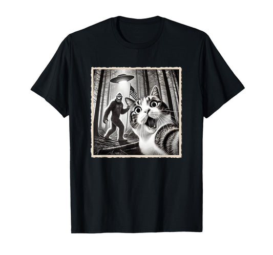 4th of July Bigfoot & Cat, Funny Patriotic, American Flag T-Shirt