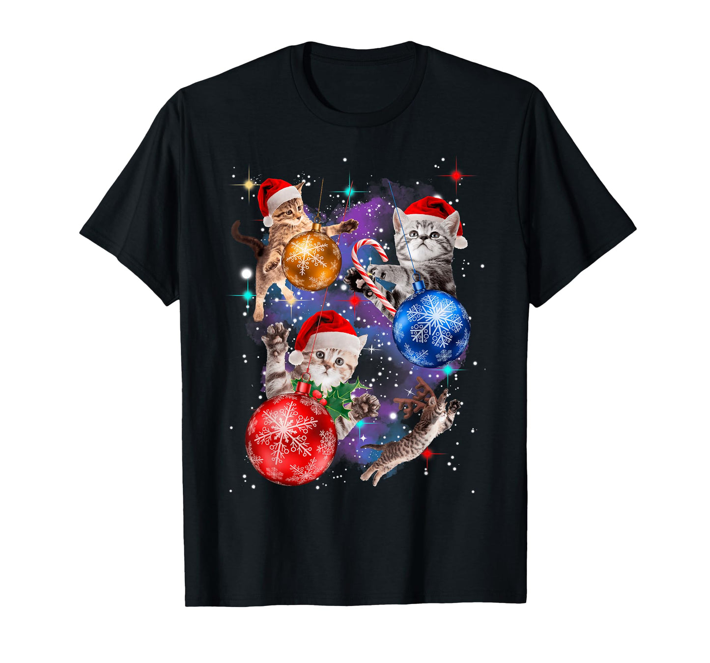 Cute Christmas Cats in Space Ornaments T-Shirt