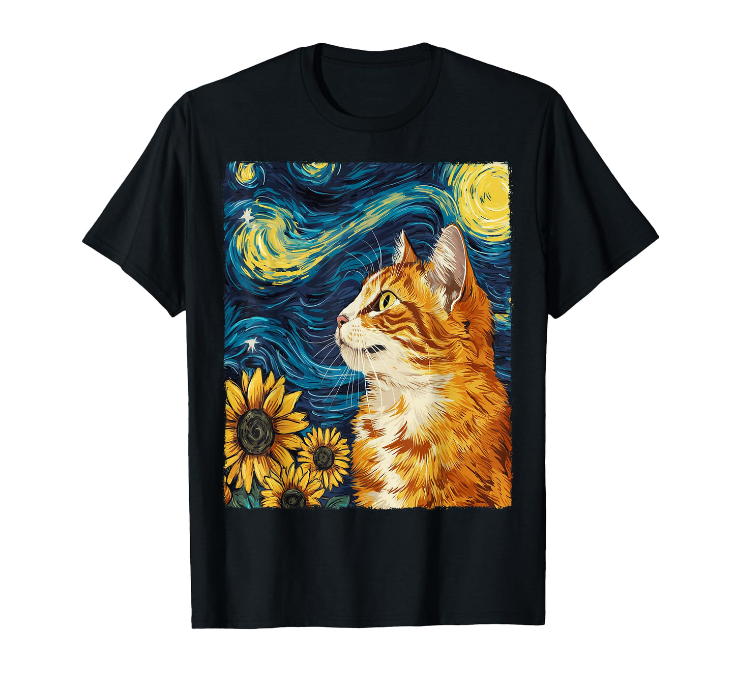 Cat Starry Night Apparel Gifts Graphic Tees Cat Mom Cat Dad Unisex-Adults Unisex-Kids Black Small Round Collar Sunflower Graphic Modern T-Shirt