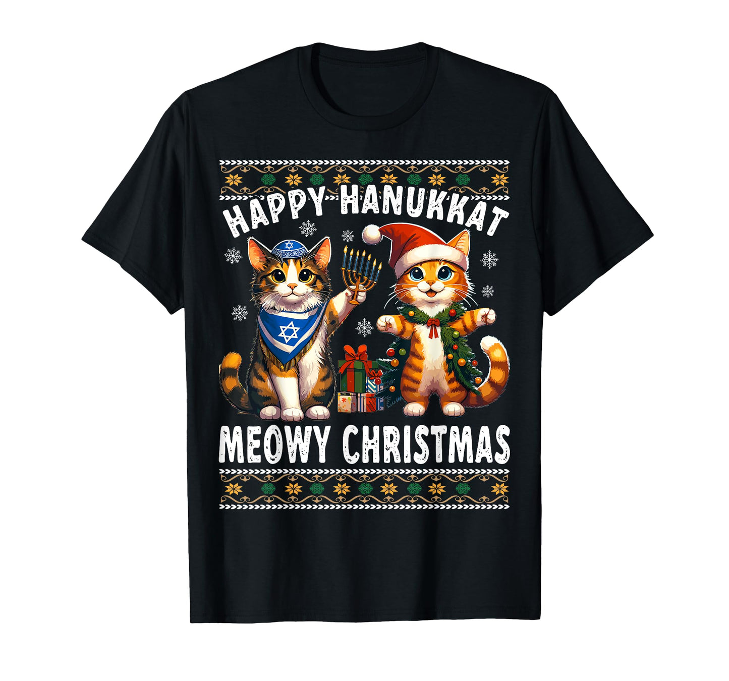 Cat Merry Christmas Happy Hanukkah Jewish Christian T-Shirt
