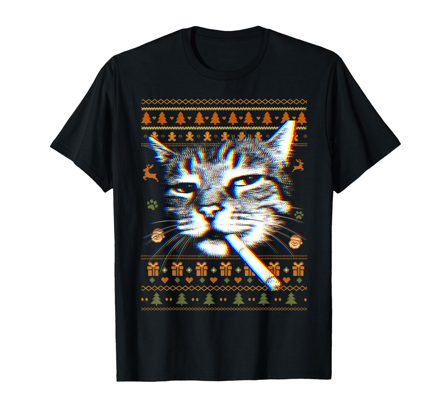 Funny Smoking Cat Meme Ugly Christmas Sweaters Cat Lovers T-Shirt