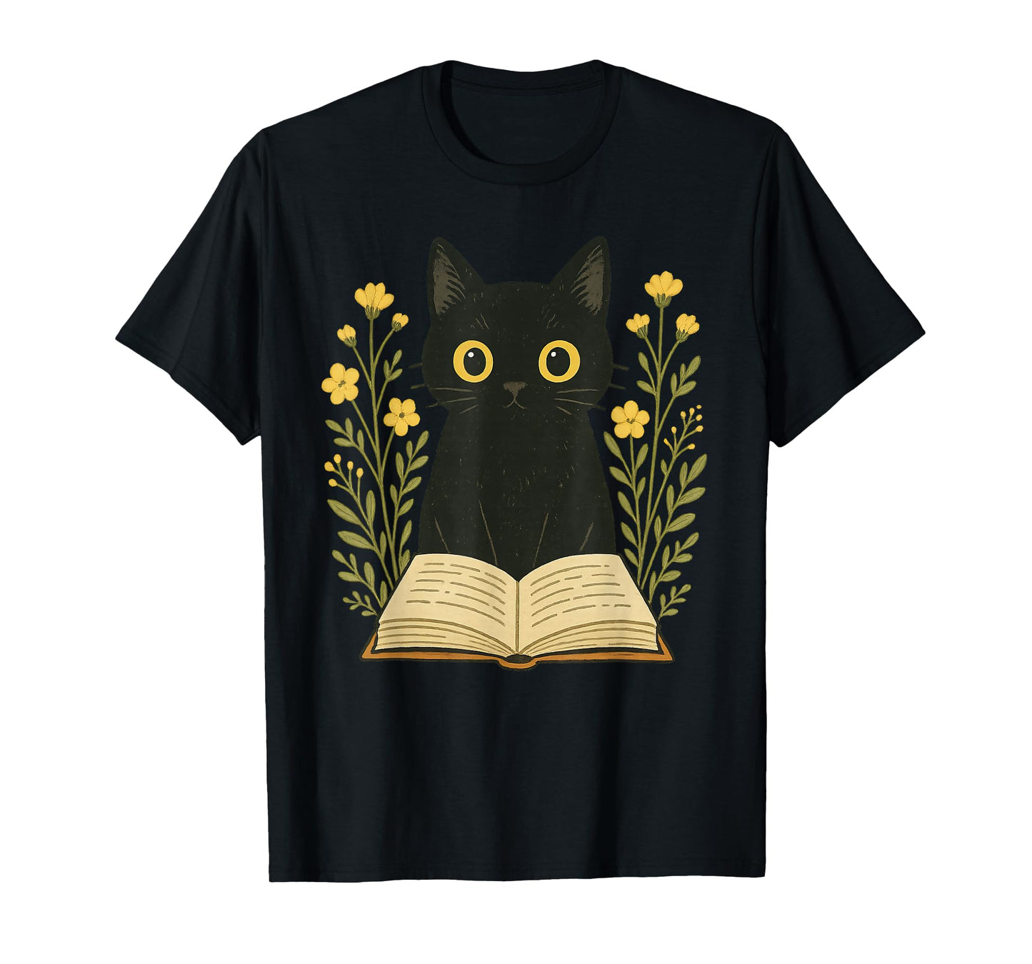 Black Cat Reading Book Flowers T-Shirt