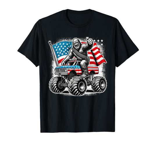 Patriotic Sasquatch Bigfoot Monster Truck American USA Flag T-Shirt