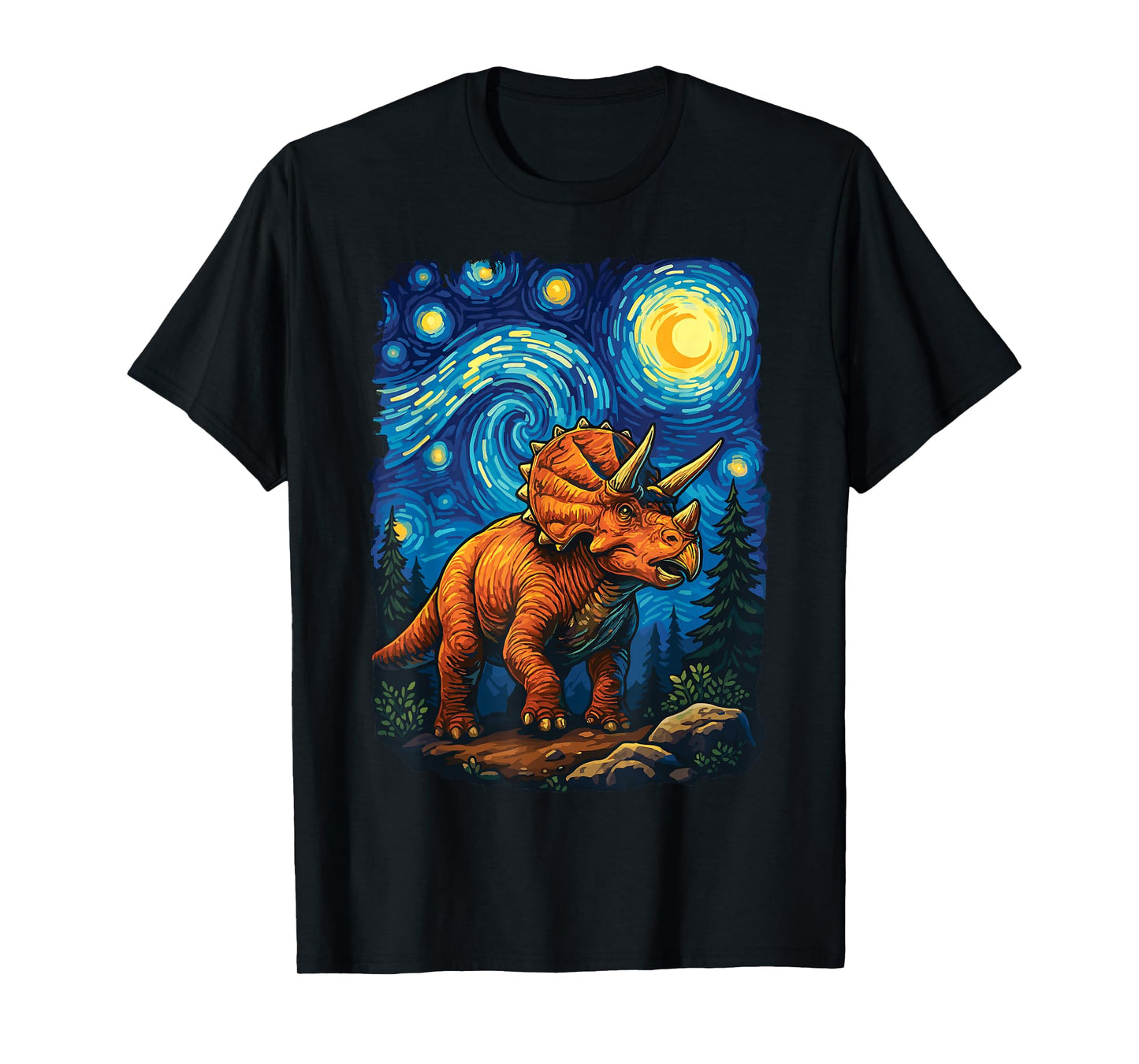 Triceratops Dinosaur Prehistoric Starry Night Van Gogh Dino T-Shirt