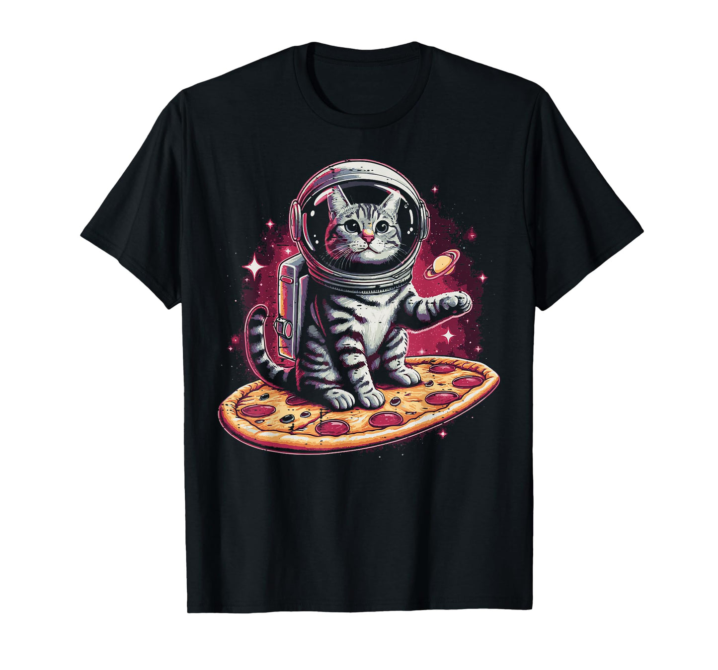 Astronaut Cat On Pizza Funny Kitten Food Pun Men Women Kids T-Shirt