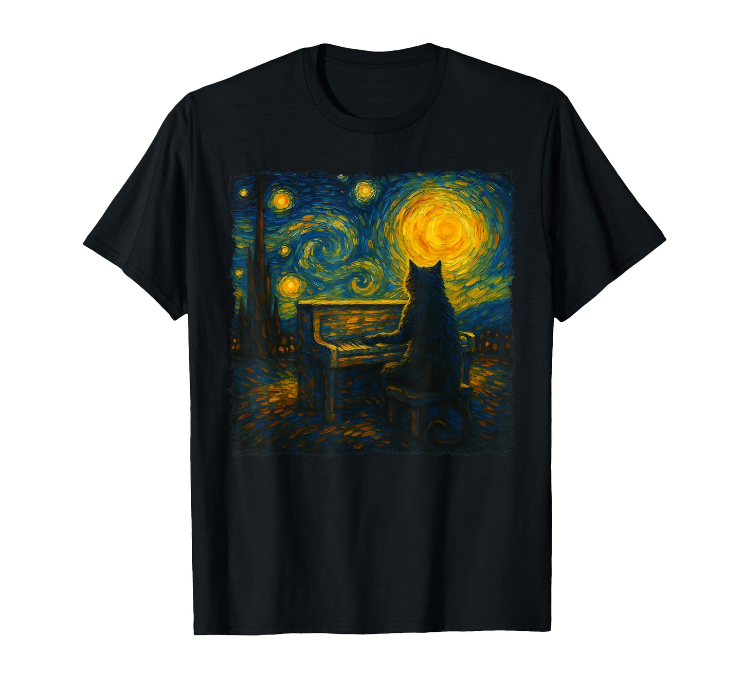 Funny Black Cat Playing Piano Starry Night Vincent Van Gogh T-Shirt