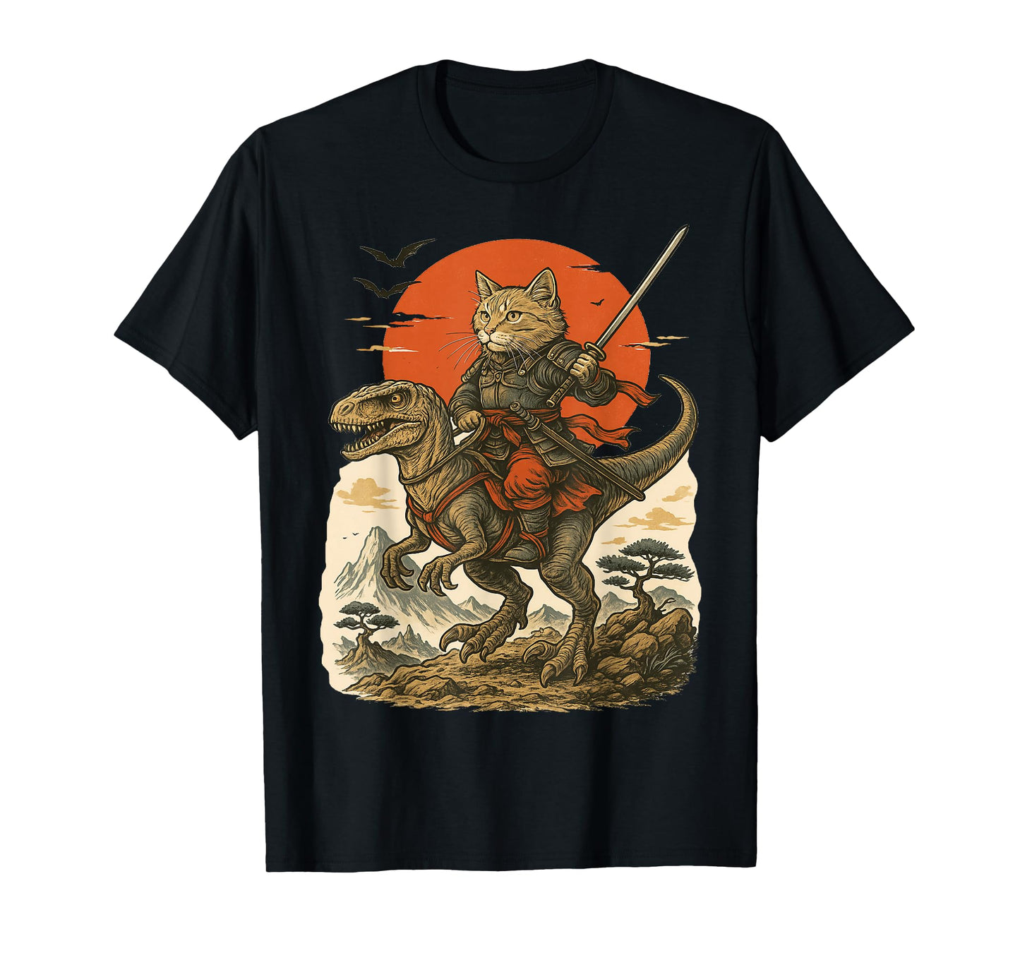 Samurai Cat Riding Raptor – Japanese Fantasy Warrior T-Shirt