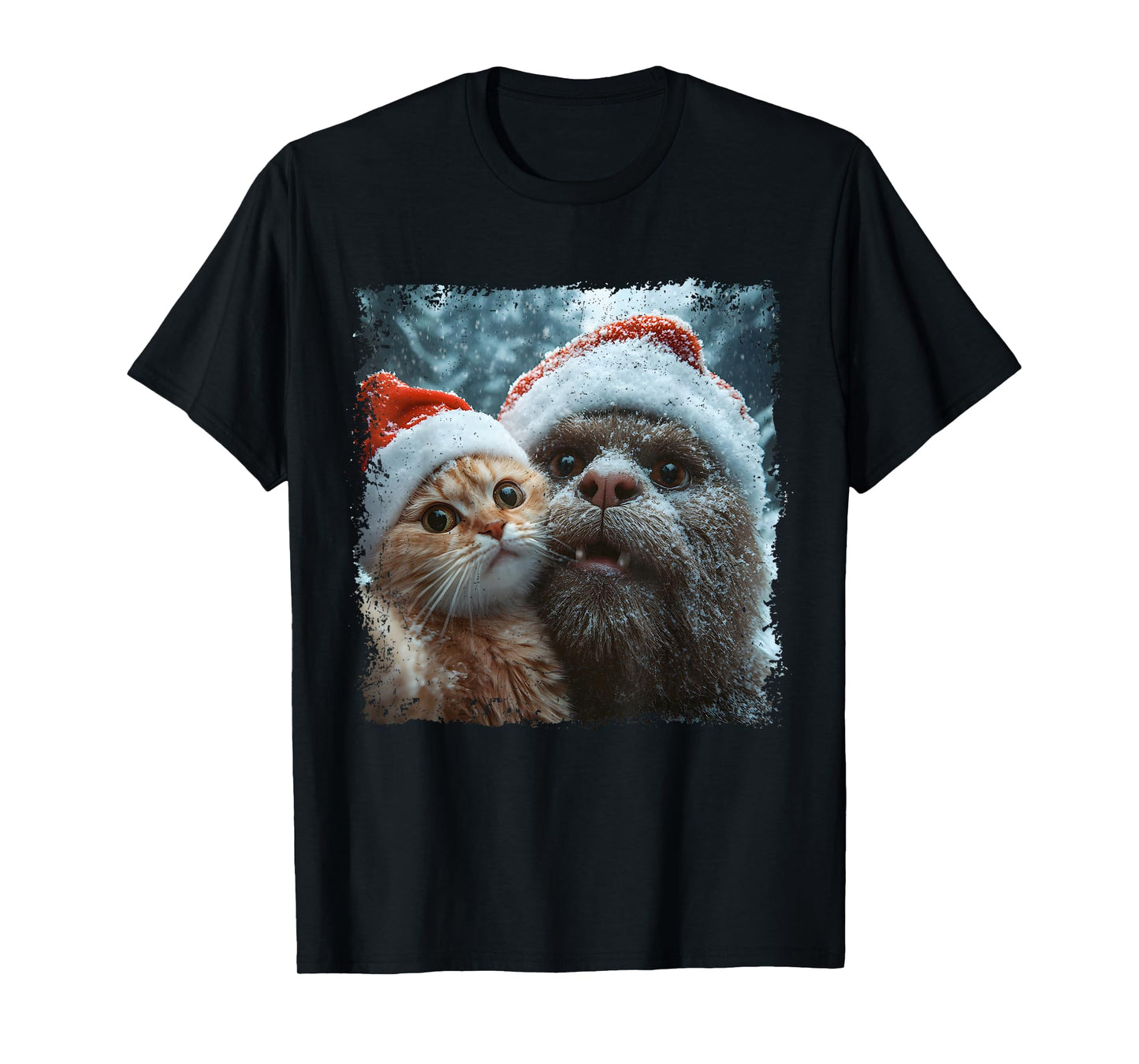 Funny Bigfoot and Cat Christmas Selfie Design T-Shirt