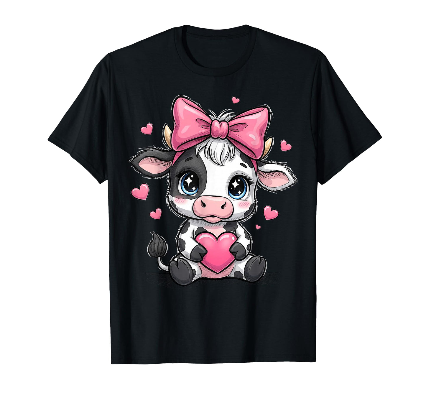 Awesome Black & White Cow Holding Heart Pink Coquette Bow T-Shirt