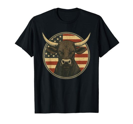 Vintage Western Bull with American Flag Patriotic Rodeo T-Shirt