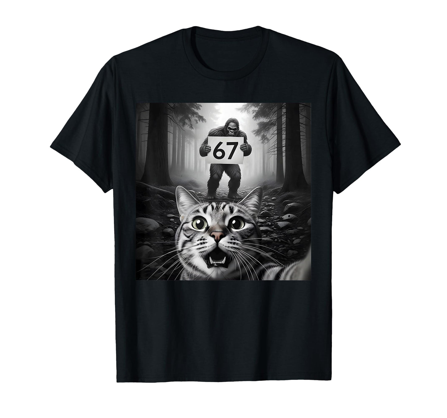 Funny Cat Selfie with Bigfoot 67 Six Seven Meme Men Boy Kids T-Shirt