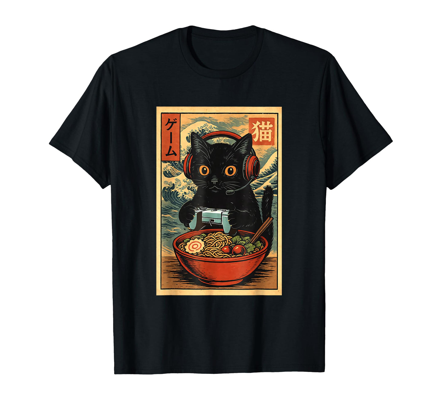 Funny Cute Kawaii Gamer Cat Ramen Retro Japanese Cat Gaming T-Shirt