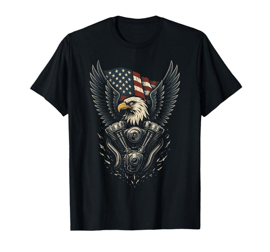 Patriotic Bald Eagle V Twin Engine American Flag Biker T-Shirt