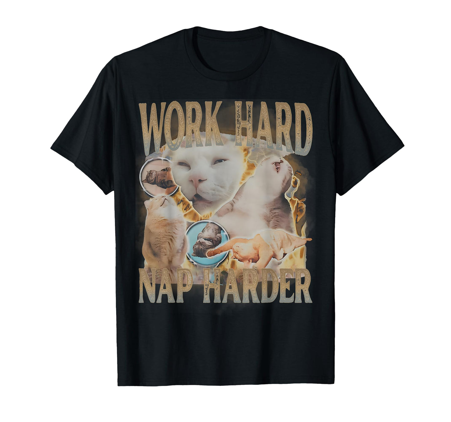 Work Hard Nap Harder Funny Meme Cat Lover Humor Sarcastic T-Shirt