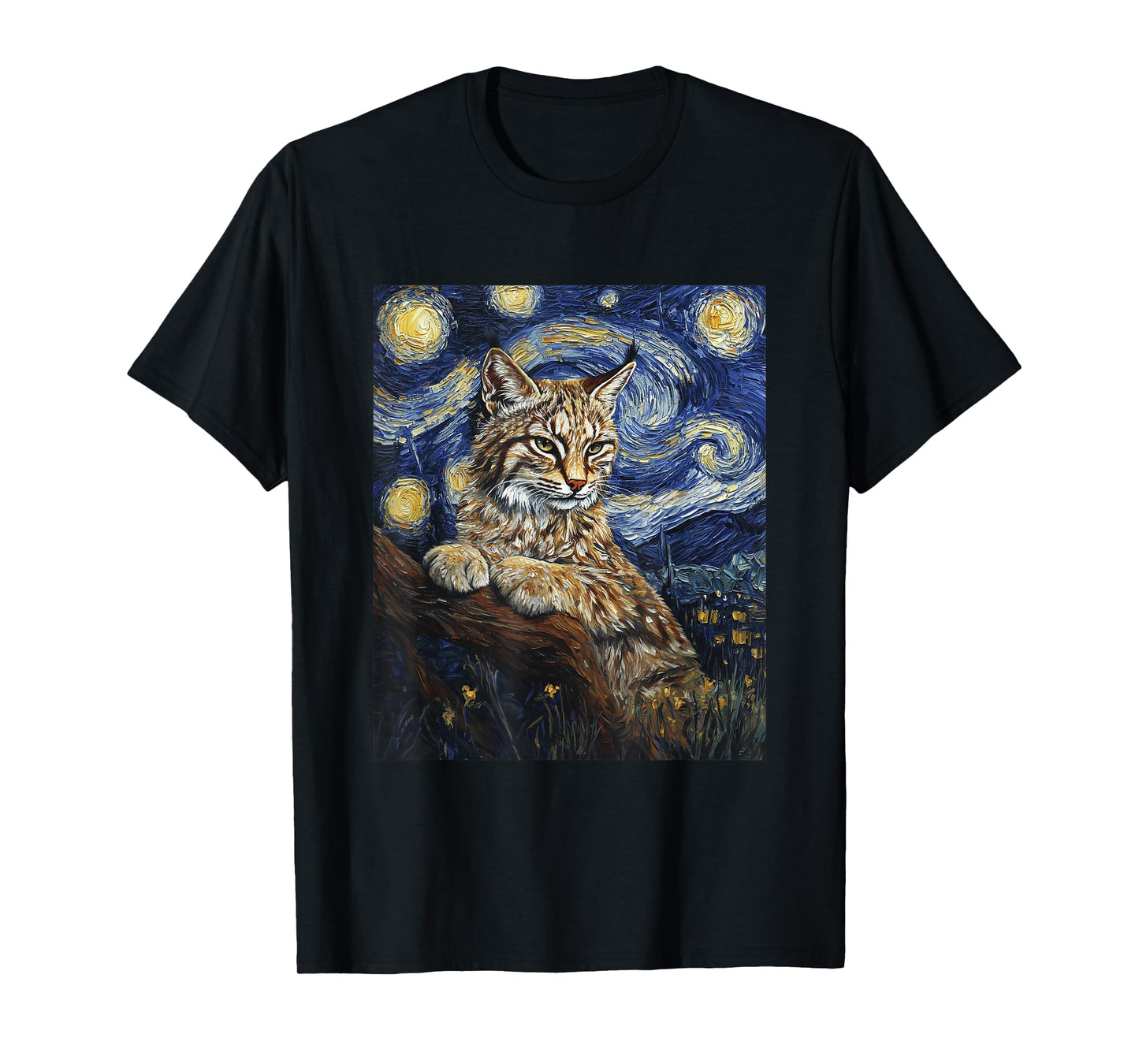 Cute Bobcat Graphic - Van Gogh Style - Starry Night T-Shirt
