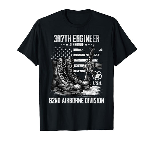 SoldierTees 307th Engineer Battalion 82nd Airborne Division Veteran T-Shirt, Small, Black