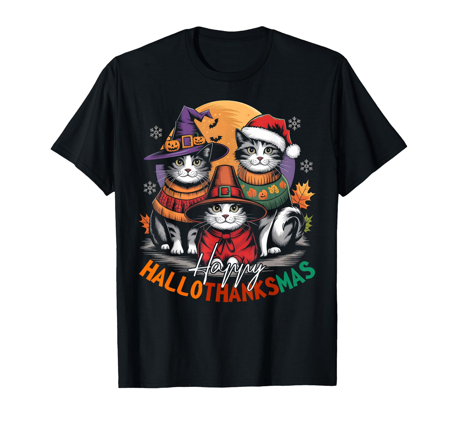 Happy HalloThanksMas Halloween, Christmas, Thanksgiving Cats T-Shirt