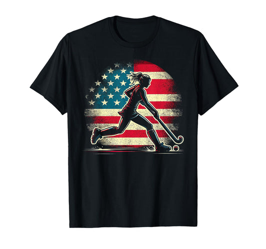 Field Hockey Girl USA United States Of America Flag T-Shirt