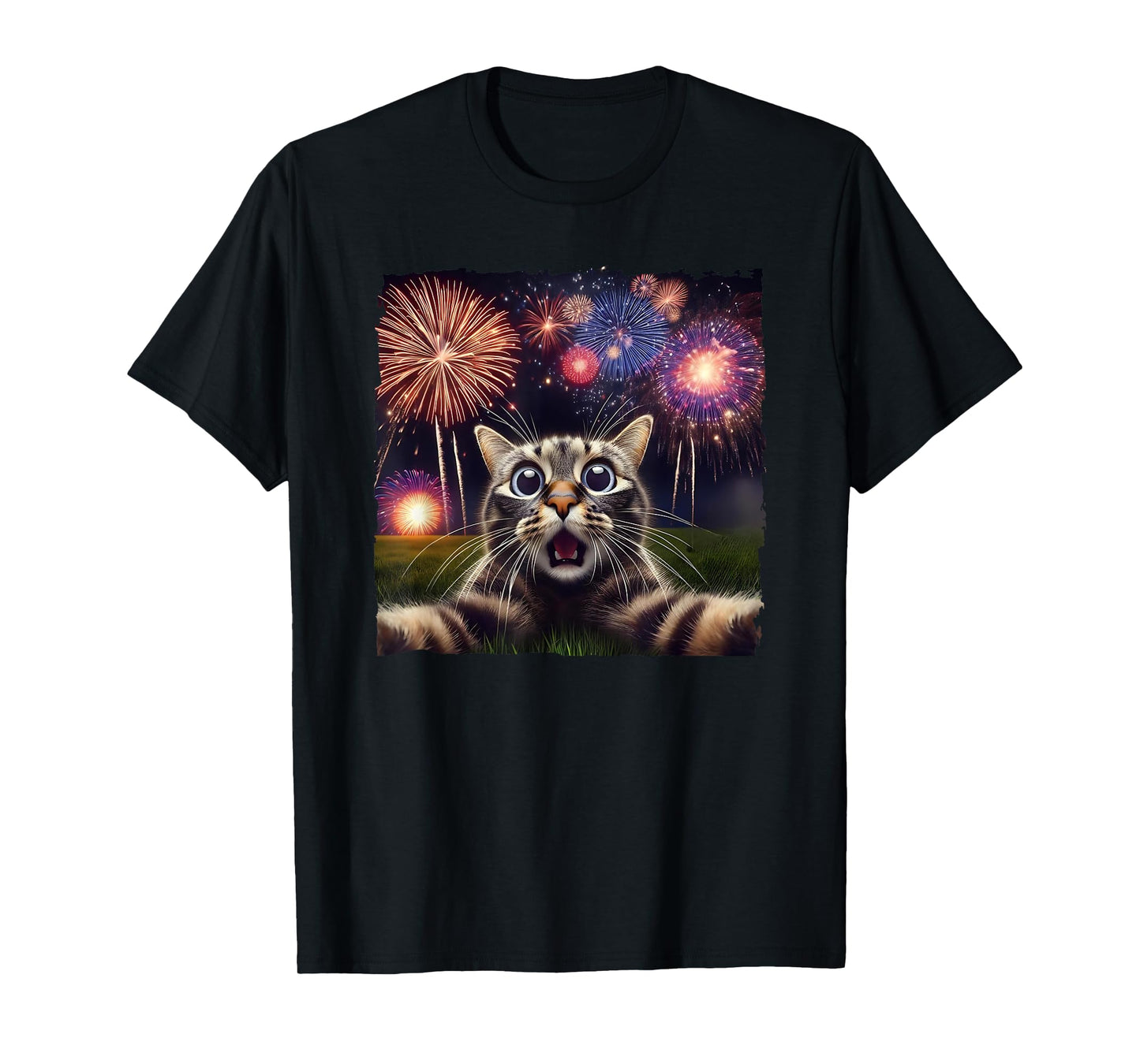 Cat Selfie with Fireworks Fourth of July 4th Fireworks T-Shirt for Men Women Kids