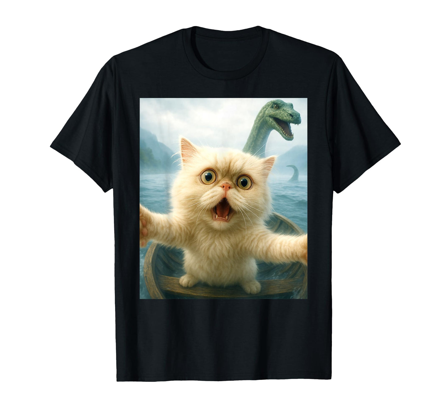 Persian Cat Selfie Cat Chased By Loch Ness Monster Nessie T-Shirt