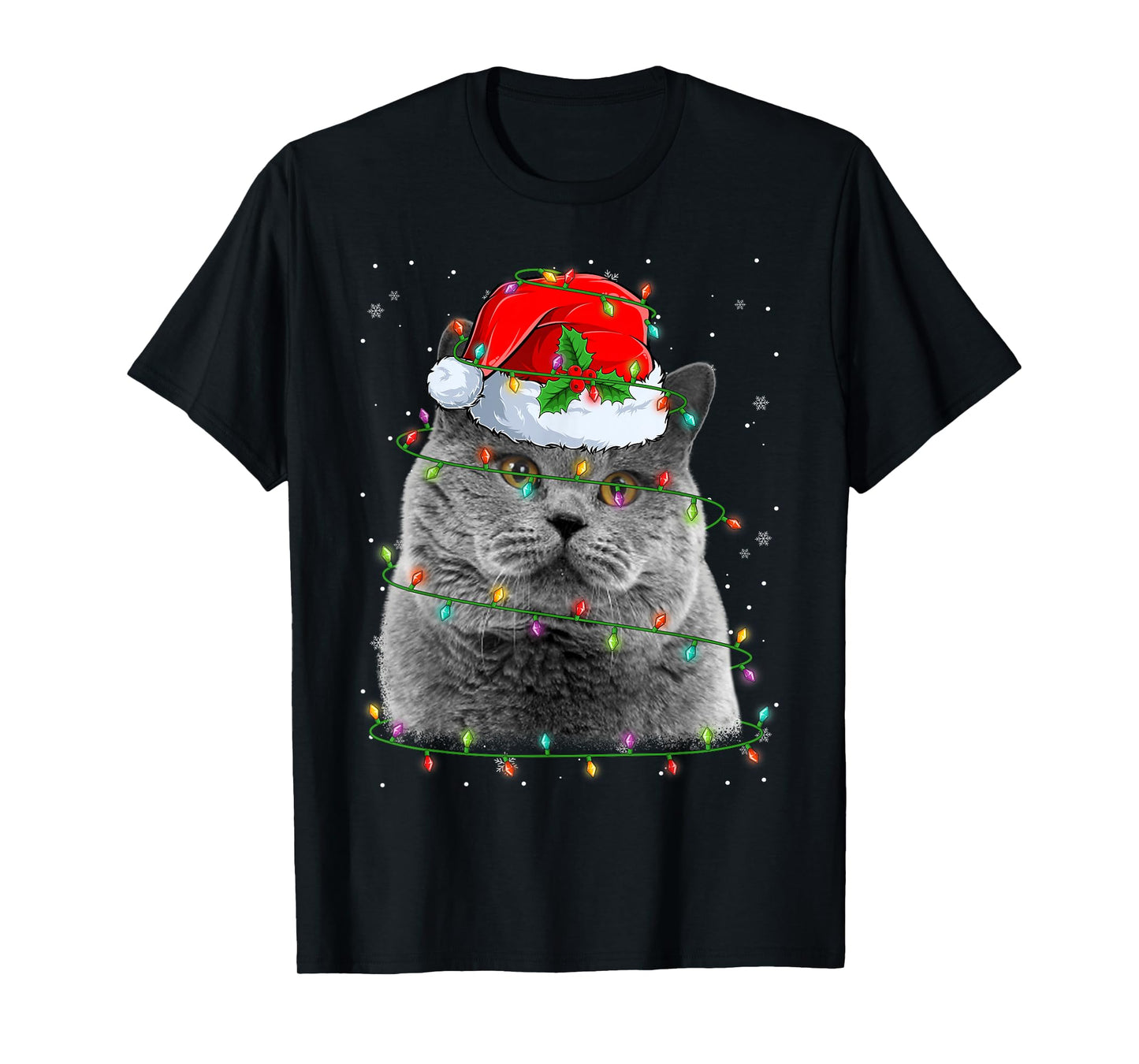 Funny British Shorthair Cat Santa Hat Christmas Tree Lights T-Shirt