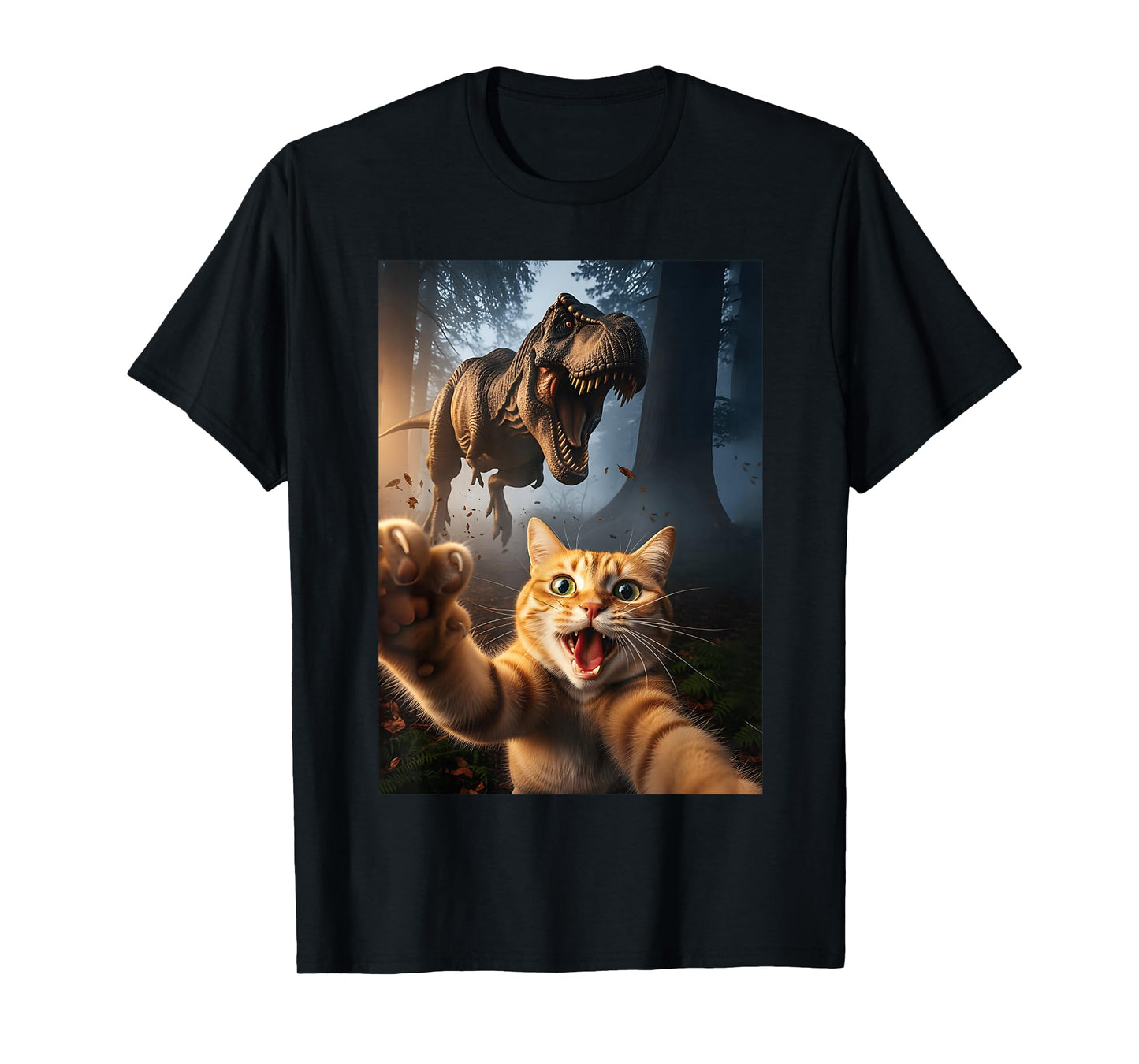 Orange Cat Selfie with T-Rex Dinosaur Funny Men Women Kids T-Shirt