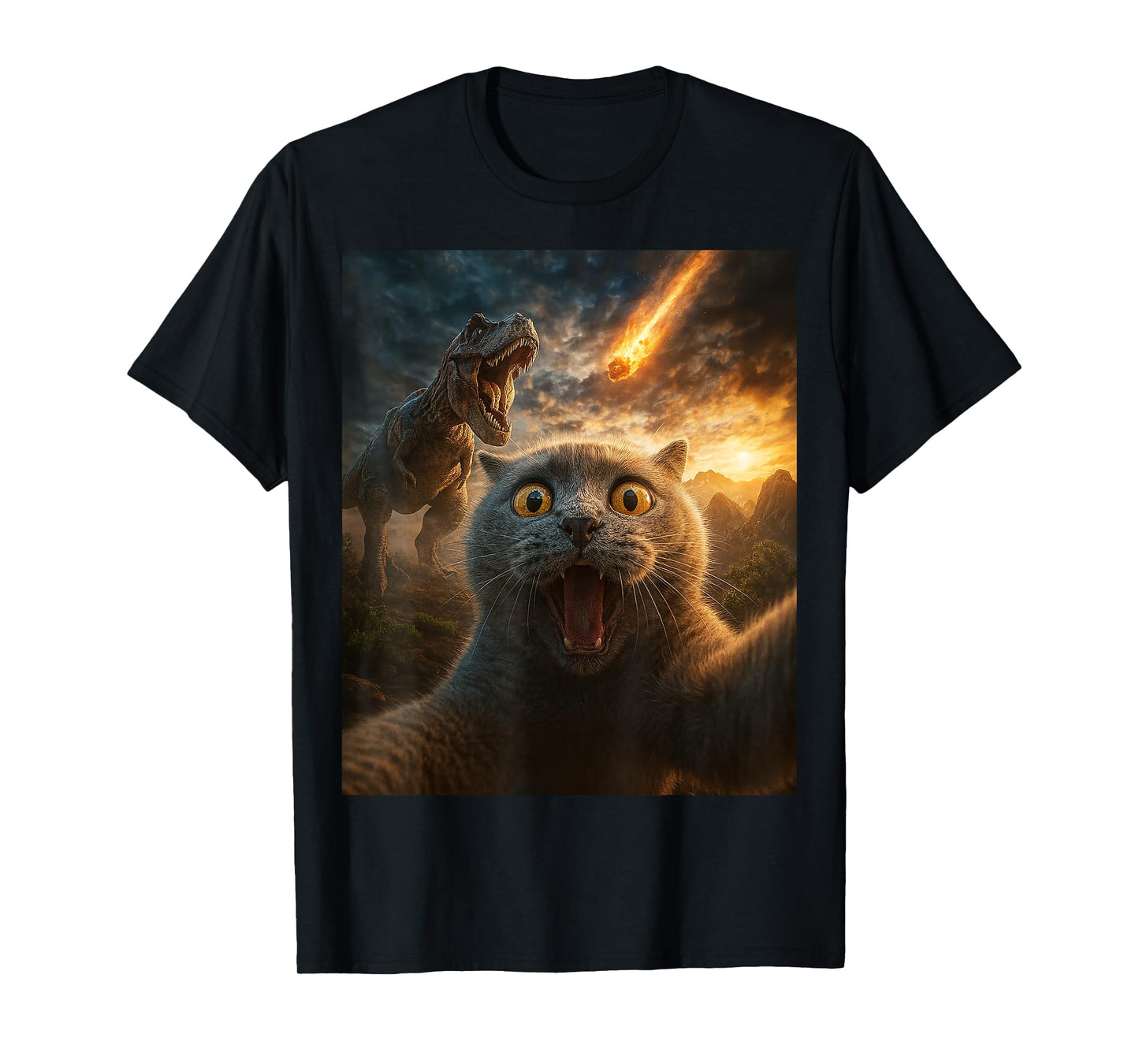 Funny Cat Selfie with Dinosaur and Meteor Apocalypse Gifts T-Shirt