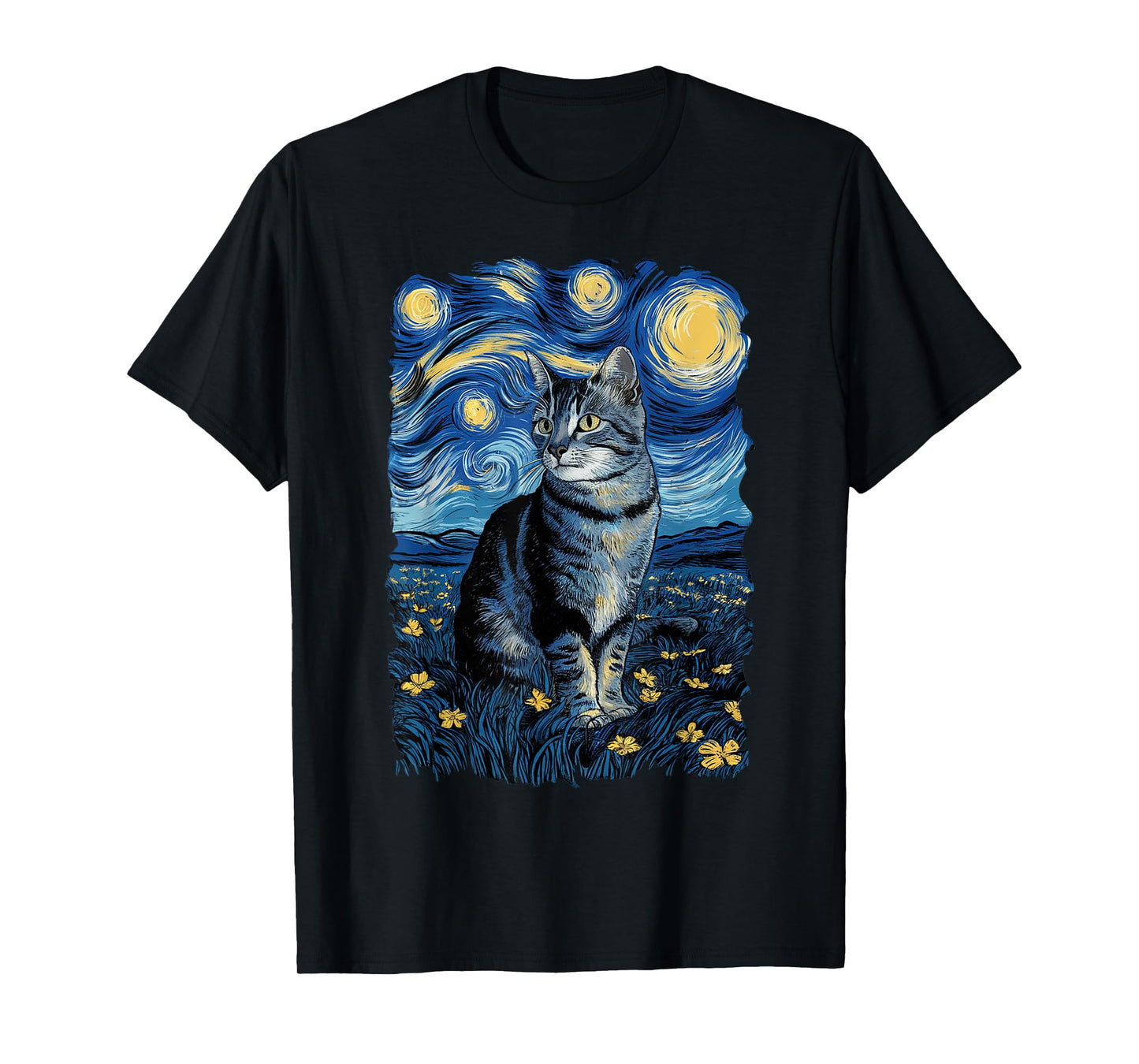 Van Gogh Cat Gifts Tabby Cat Owners Cat Lady Black Men Cat T-Shirt