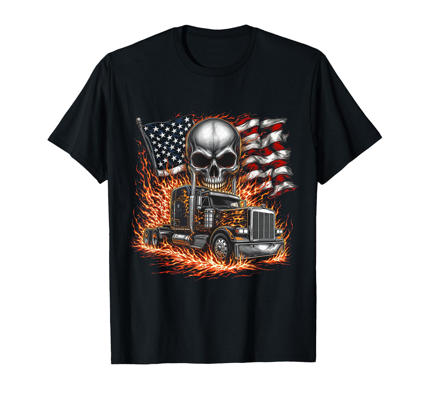 Trucker Patriotic American Flag Semi Truck Driver Skull T-Shirt