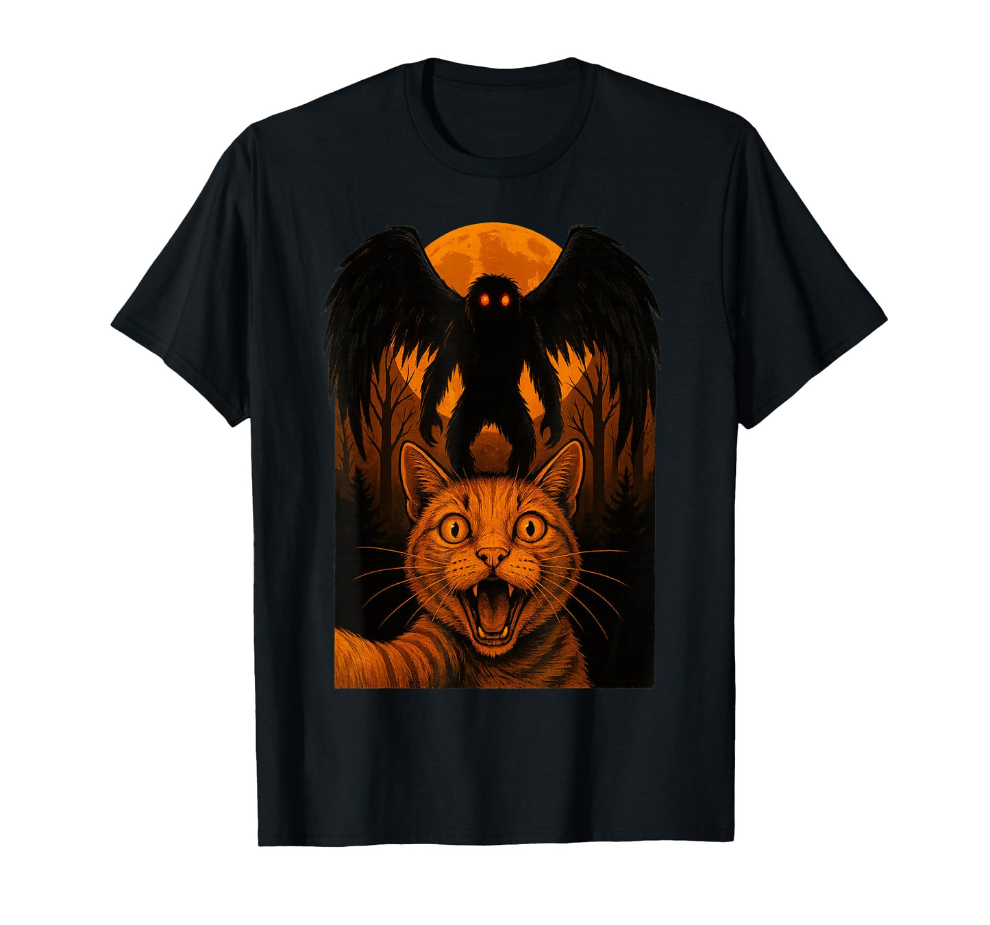 Scared Cat Selfie with Mothman Cryptid Halloween Moth Man T-Shirt