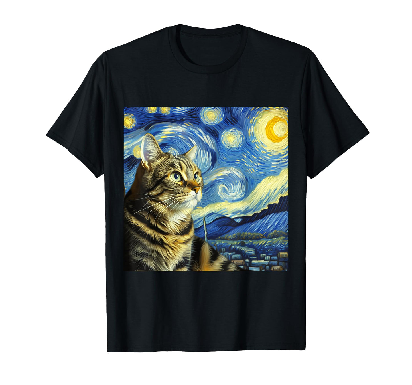 Funny Cat Lover Starry Night Van Gogh Grey Tabby Tiger Cat T-Shirt