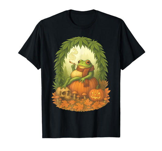 Cottagecore Pumpkin Frog Smoking Weed 420 Stoner Halloween T-Shirt