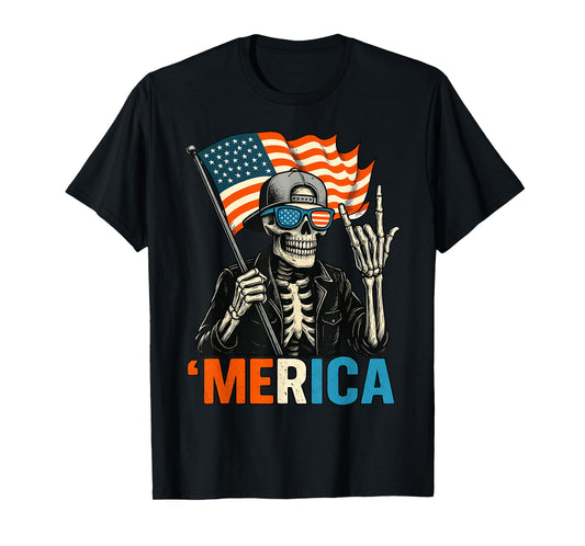 Skeleton Merica Rock American Flag Patriotic USA 4th of July T-Shirt