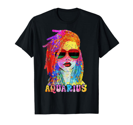 Aquarius Girl Loc'd Hair Art Zodiac Birthday Black Woman T-Shirt