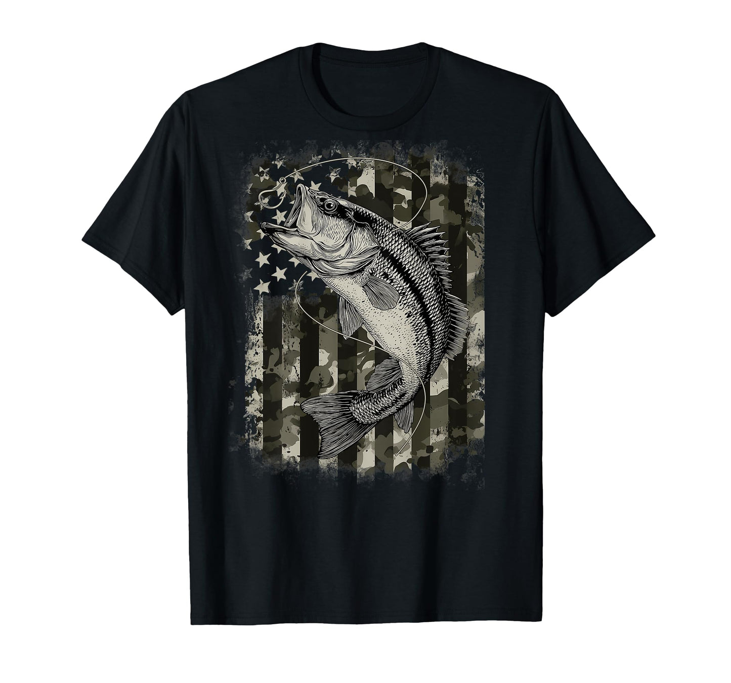 Camouflage American Flag Fisherman Bass Fishing (On Back) T-Shirt