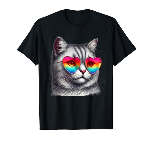 Cute Valentines Day Grey Cat Heart Sunglasses Women Men Tee T-Shirt