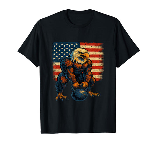 Fierce Bald Eagle Kettlebell Patriotic Fitness Graphic T-Shirt