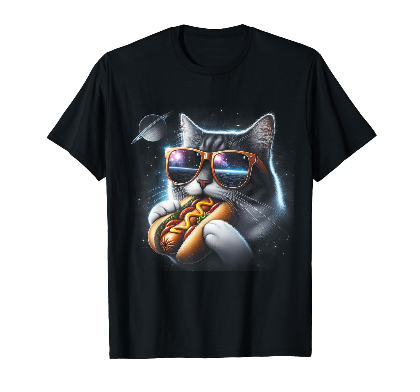 Funny Cat Eating Hotdog in Space Kitty Space Galaxy T-Shirt