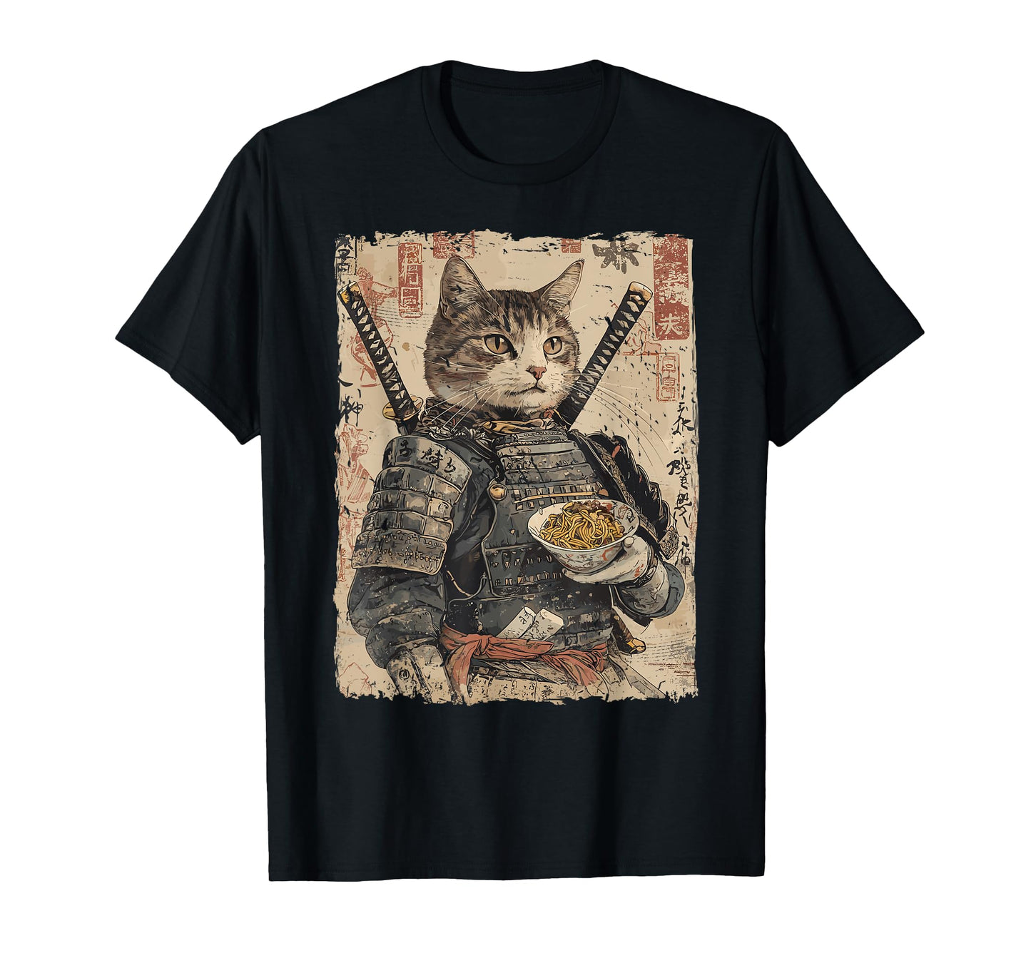 Samurai Cat Loves Ramen Funny Anime Japanese Artwork Samurai T-Shirt