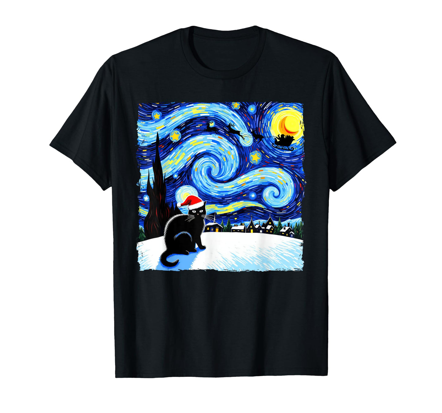 Funny Christmas Black Cat Santa Hat Starry Night Style T-Shirt