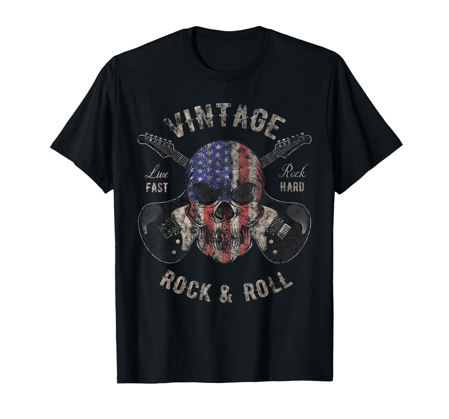 American Flag Guitar Vintage Rock and Roll Skull Guitarist T-Shirt