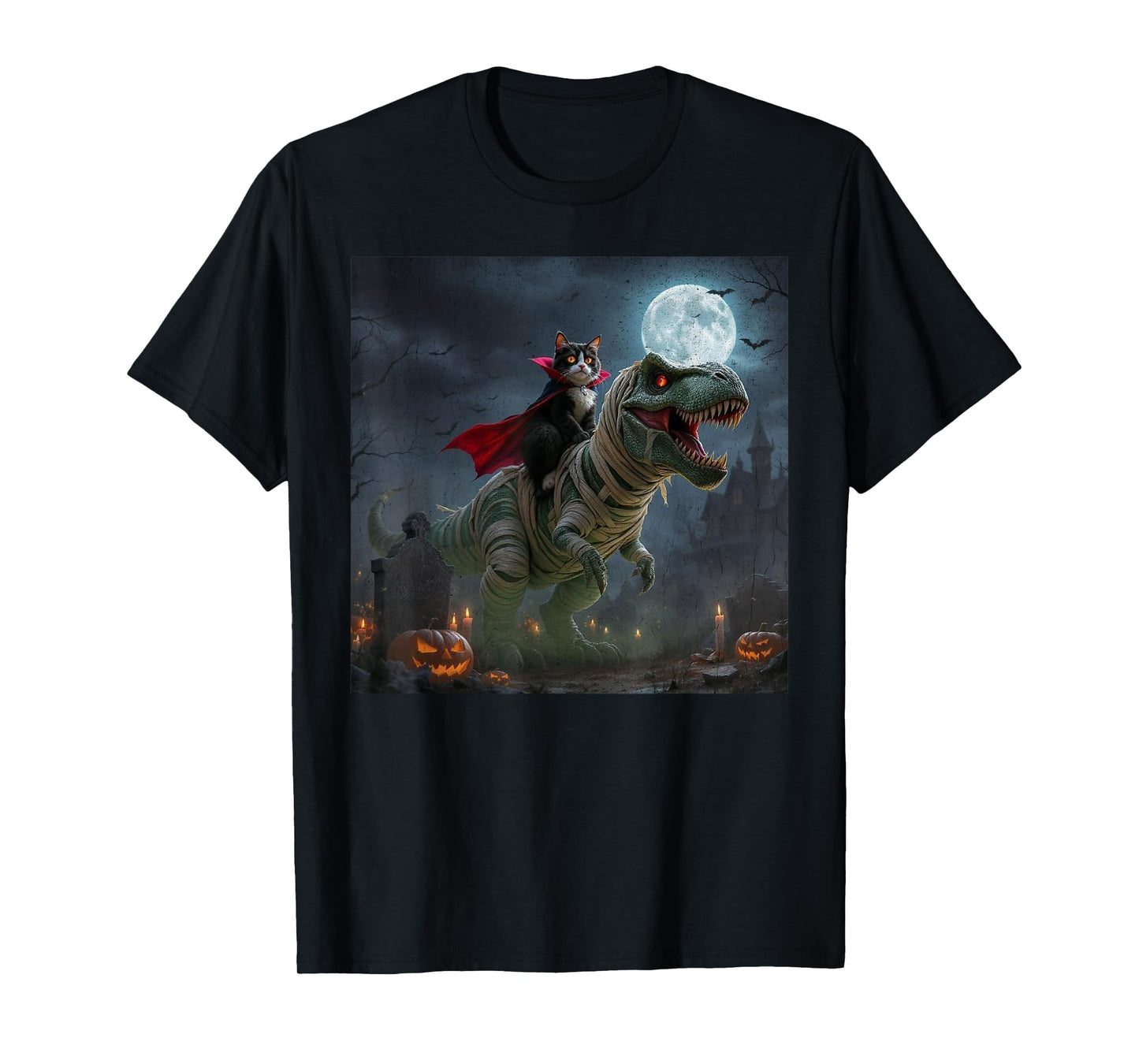Funny Cat Vampire Riding a T-Rex Cute Halloween Meme T-Shirt