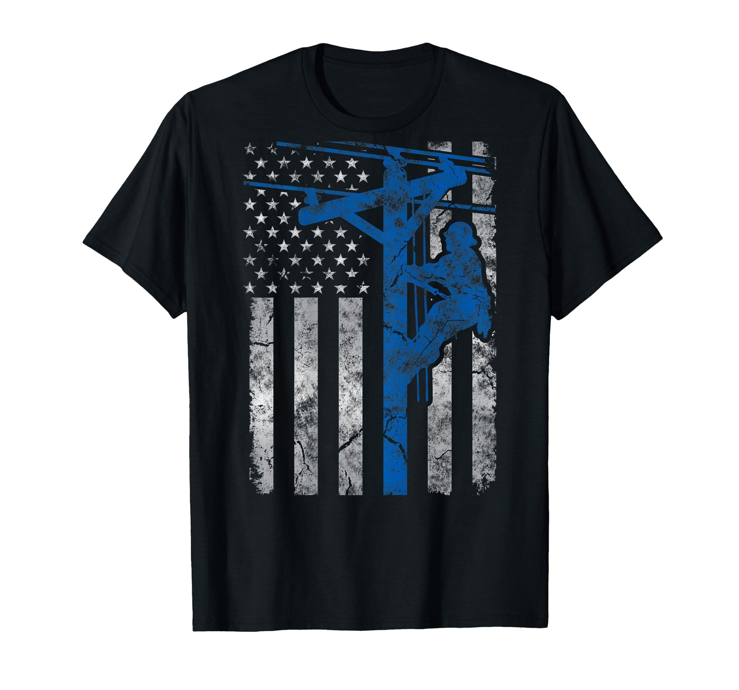 Distressed Patriotic Thin Blue Line Lineman American Flag T-Shirt