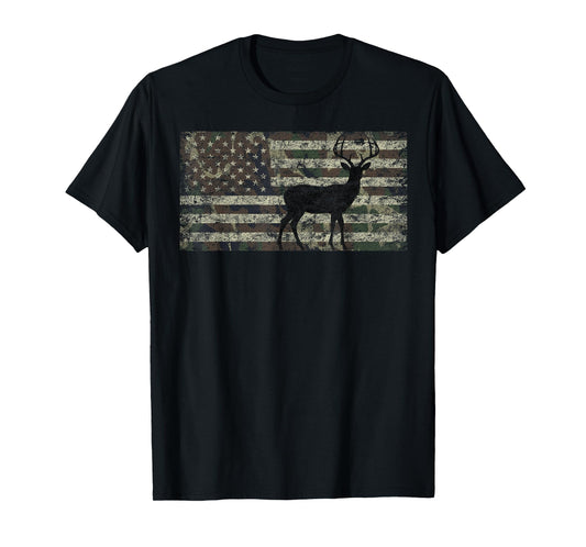 Deer Hunting Camo American Flag Buck Standing Hunter Country T-Shirt