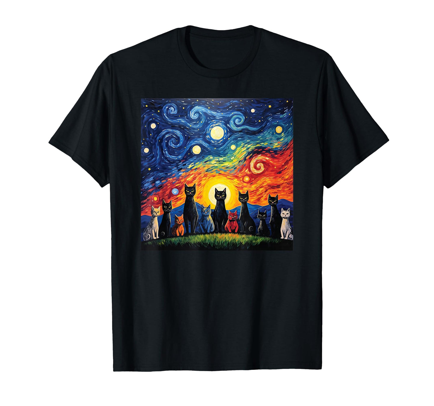 cats family Painting art Starry Night kitty kitten Van Gogh T-Shirt